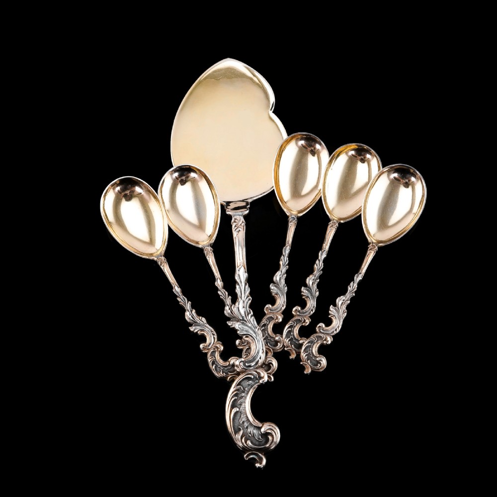 Antique German Solid Silver Icecream Server & Spoons in Rococo Style - c.1900 View X