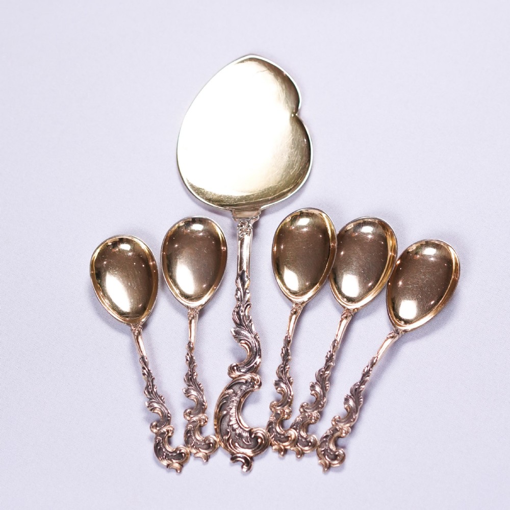 Antique German Solid Silver Icecream Server & Spoons in Rococo Style - c.1900 View XIV