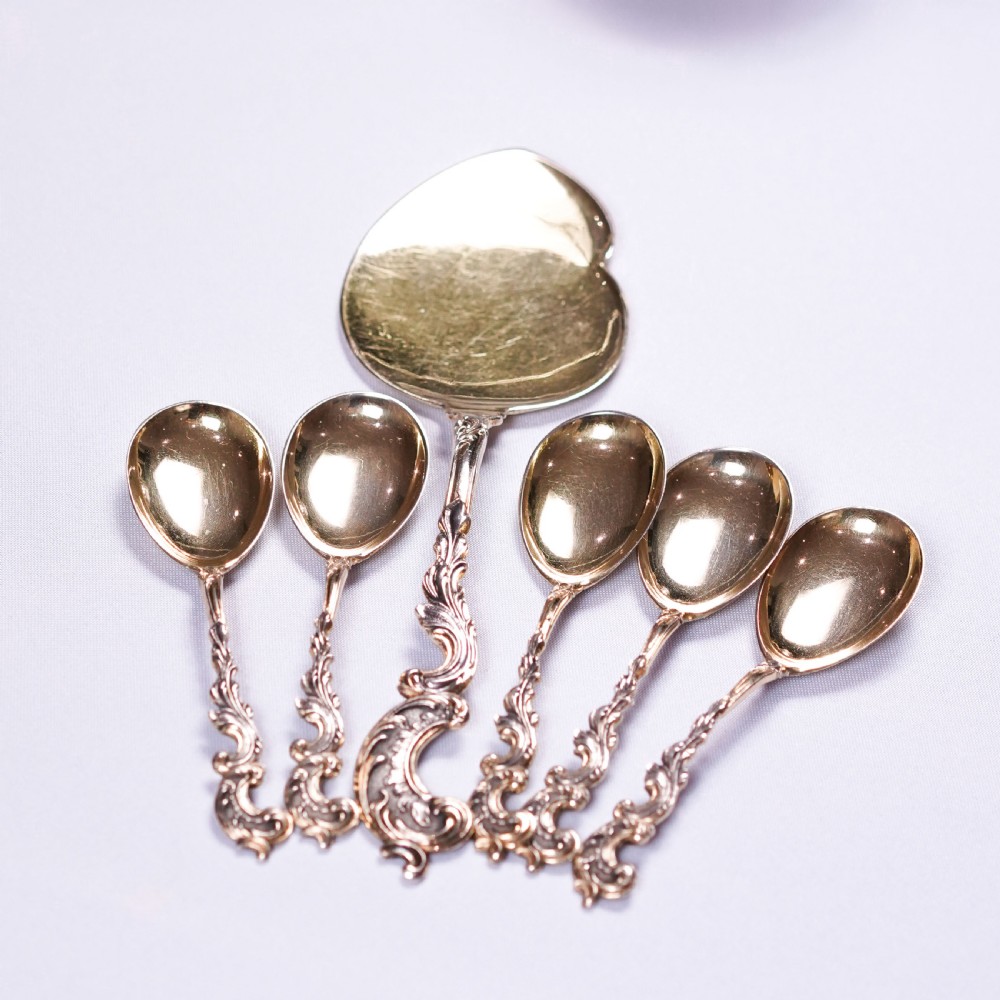 Antique German Solid Silver Icecream Server & Spoons in Rococo Style - c.1900 View XV