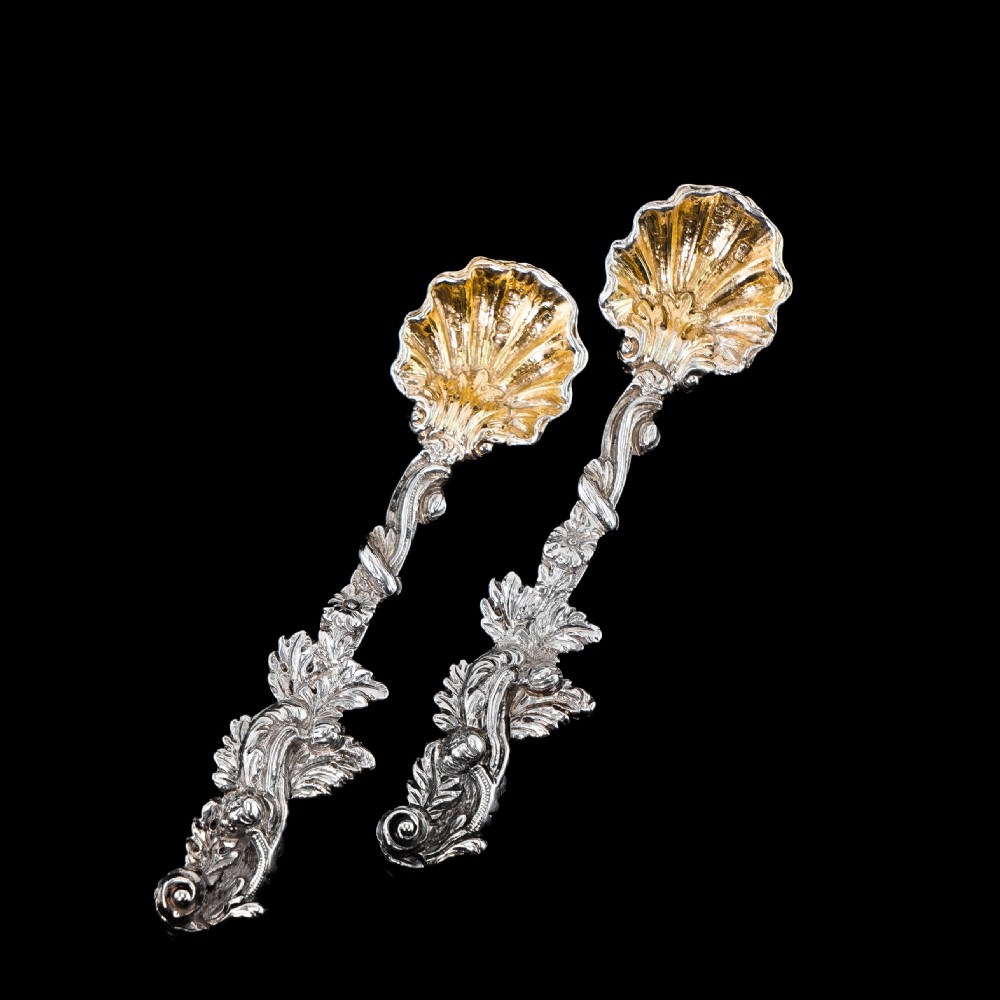 Antique Georgian Silver Salt Spoons Rococo Shell Design - 1824 View V