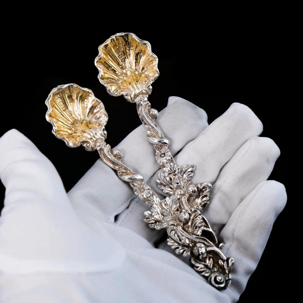 Antique Georgian Silver Salt Spoons Rococo Shell Design - 1824 View XII