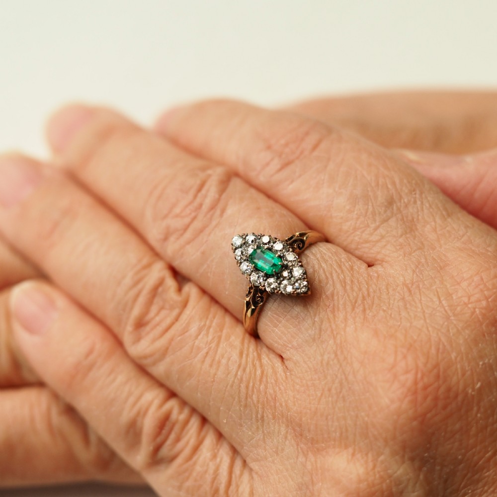 Antique Victorian 18K Gold Emerald & Diamond Navette Cluster Ring - c.1880 View XVI