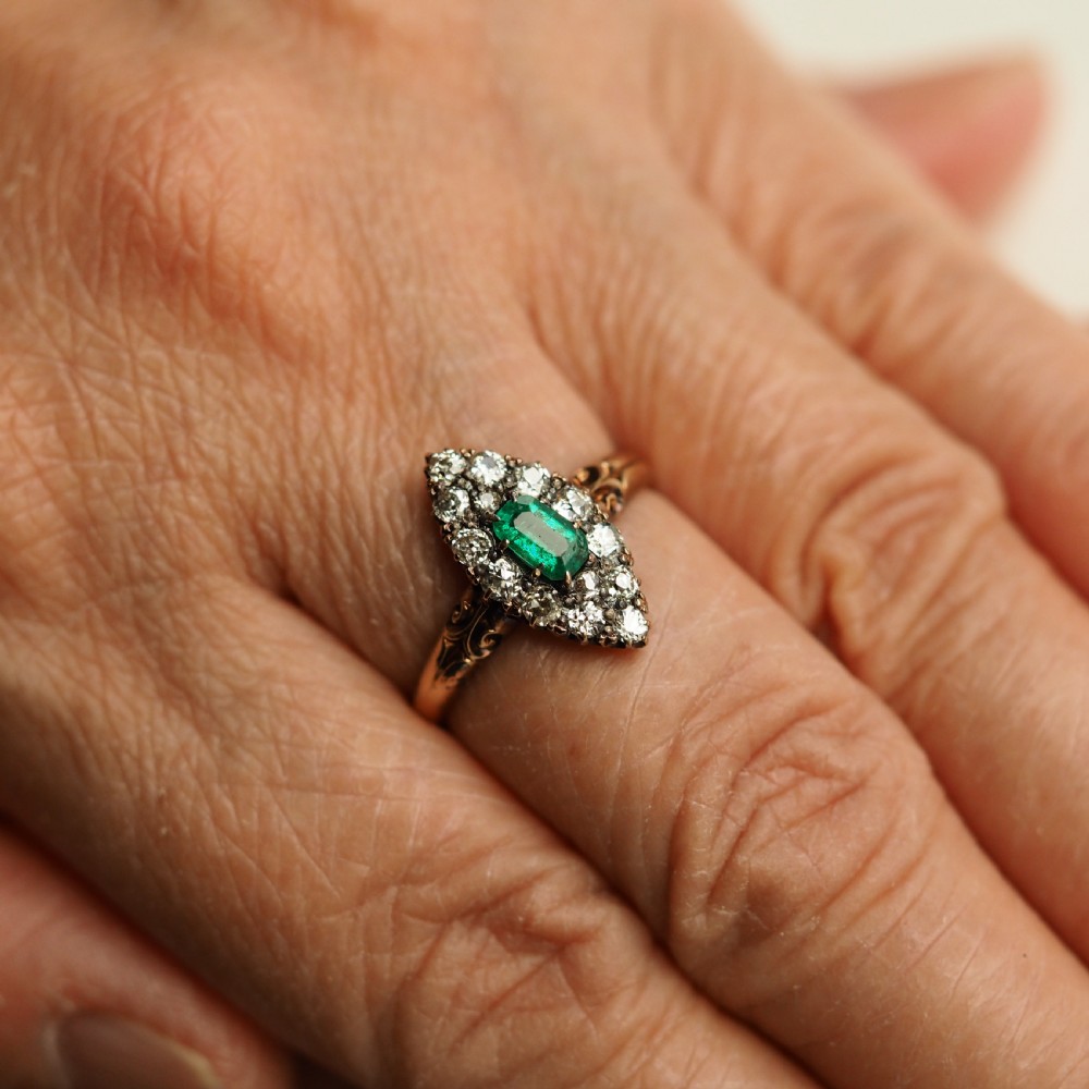 Antique Victorian 18K Gold Emerald & Diamond Navette Cluster Ring - c.1880 View II