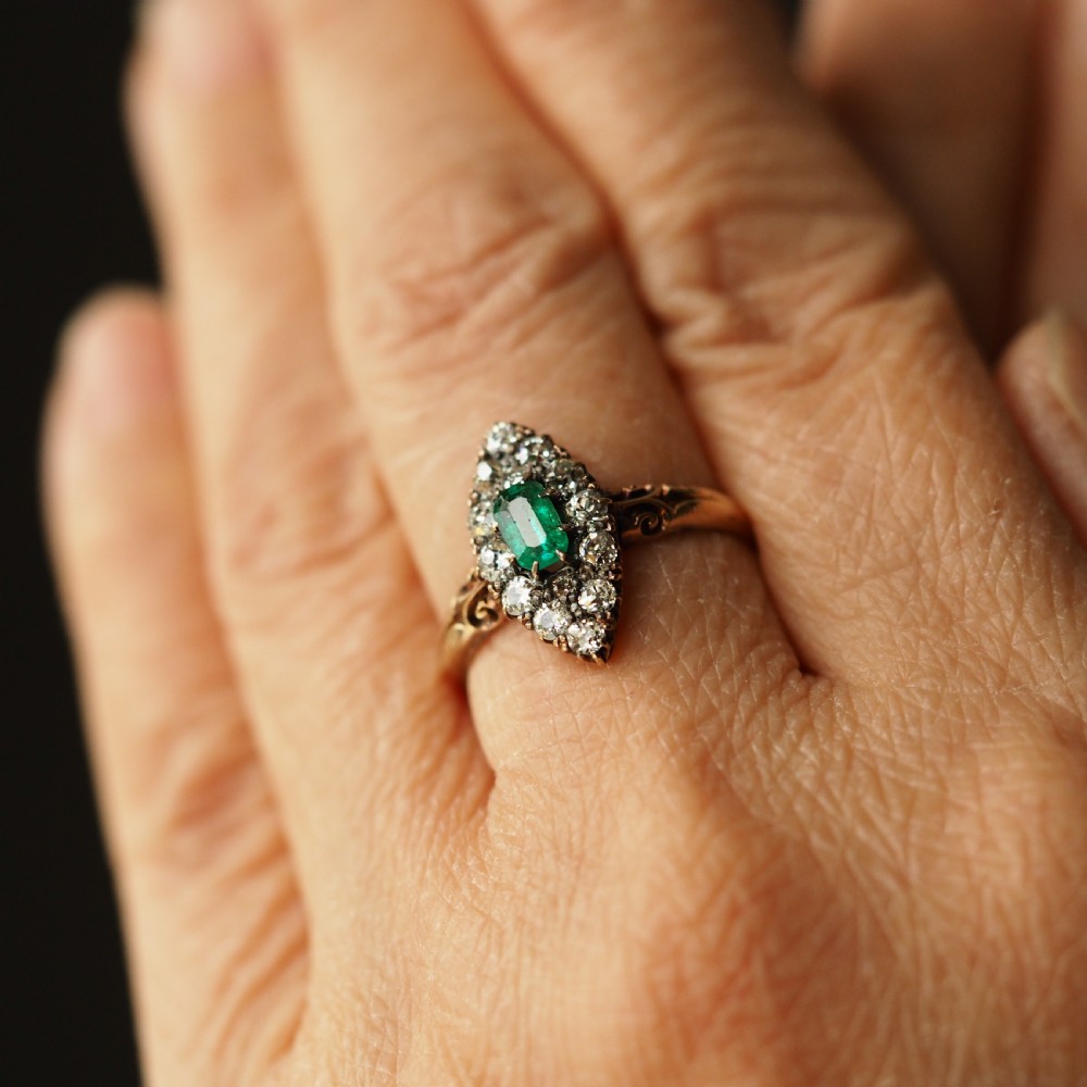 Antique Victorian 18K Gold Emerald & Diamond Navette Cluster Ring - c.1880 View III