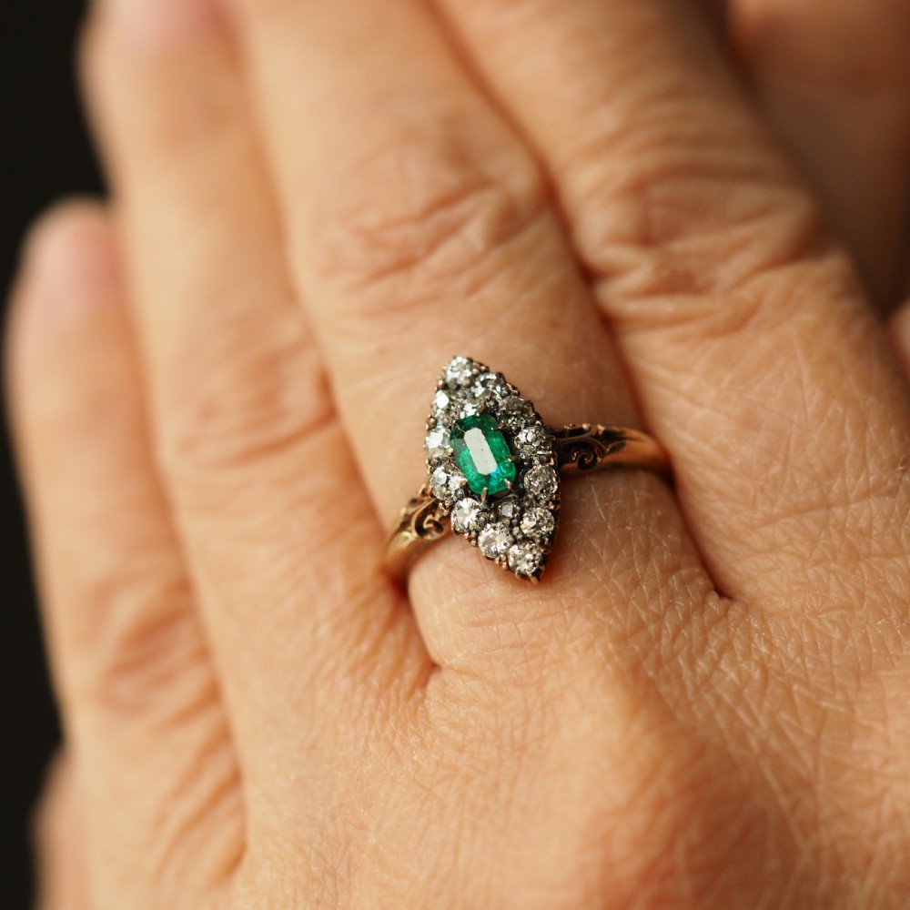 Antique Victorian 18K Gold Emerald & Diamond Navette Cluster Ring - c.1880 View IV