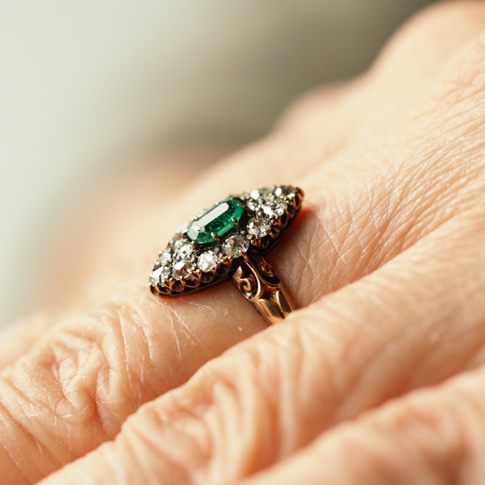 Antique Victorian 18K Gold Emerald & Diamond Navette Cluster Ring - c.1880 View V