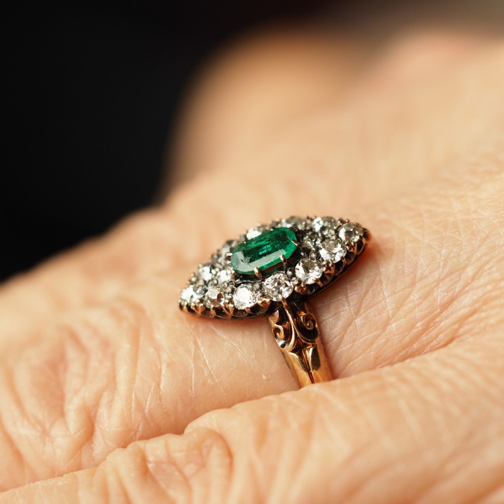 Antique Victorian 18K Gold Emerald & Diamond Navette Cluster Ring - c.1880 View VI