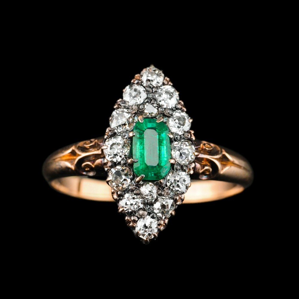 Antique Victorian 18K Gold Emerald & Diamond Navette Cluster Ring - c.1880 View VII