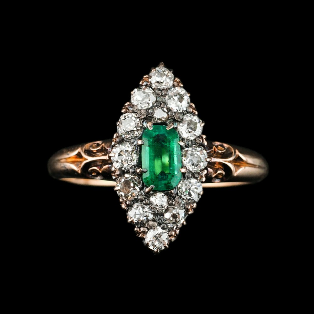 Antique Victorian 18K Gold Emerald & Diamond Navette Cluster Ring - c.1880 View VIII