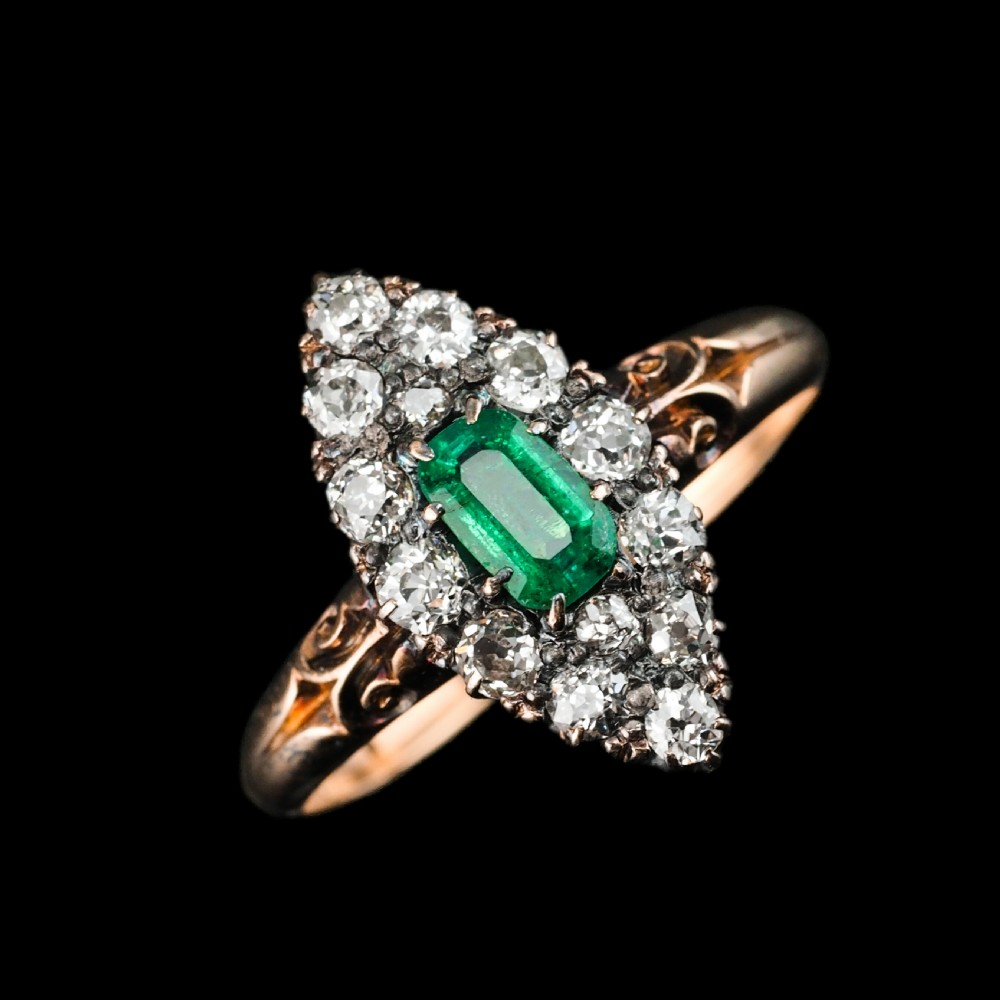Antique Victorian 18K Gold Emerald & Diamond Navette Cluster Ring - c.1880 View IX