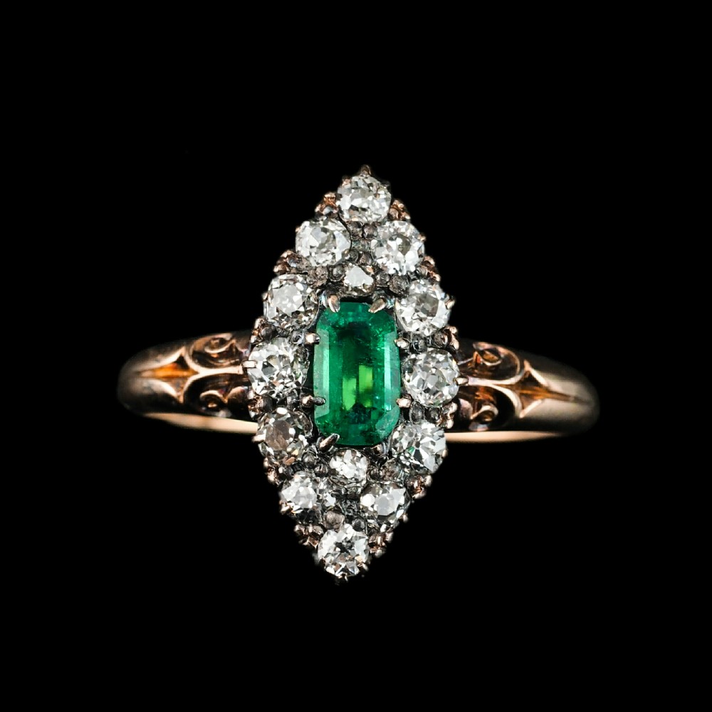 Antique Victorian 18K Gold Emerald & Diamond Navette Cluster Ring - c.1880 View XI