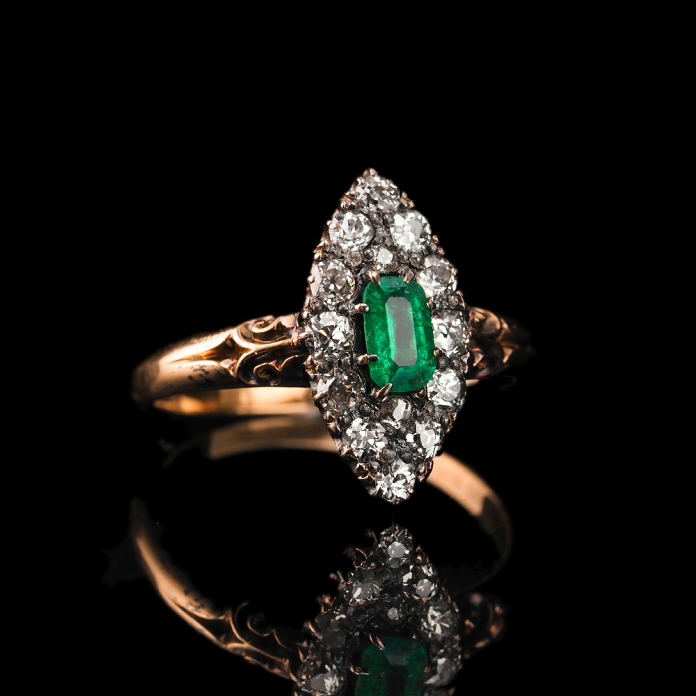 Antique Victorian 18K Gold Emerald & Diamond Navette Cluster Ring - c.1880 View XIII