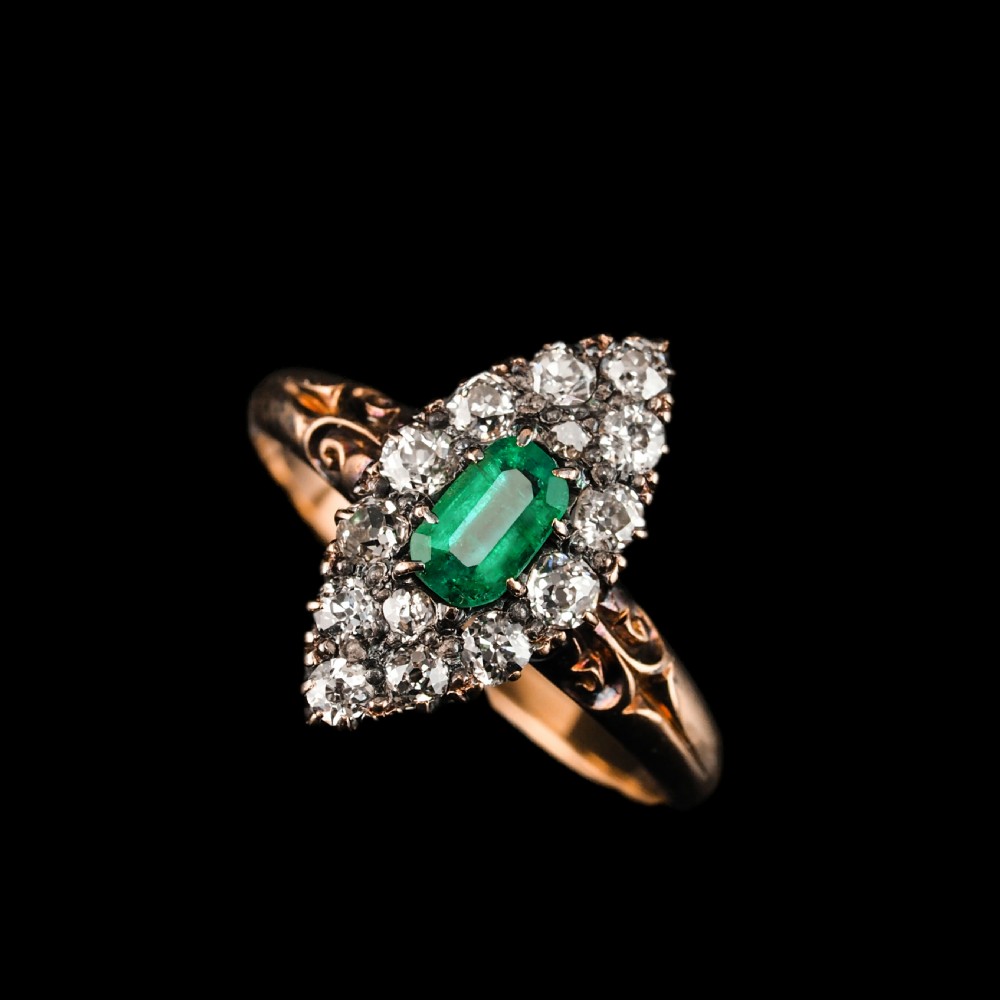 Antique Victorian 18K Gold Emerald & Diamond Navette Cluster Ring - c.1880 View XIV
