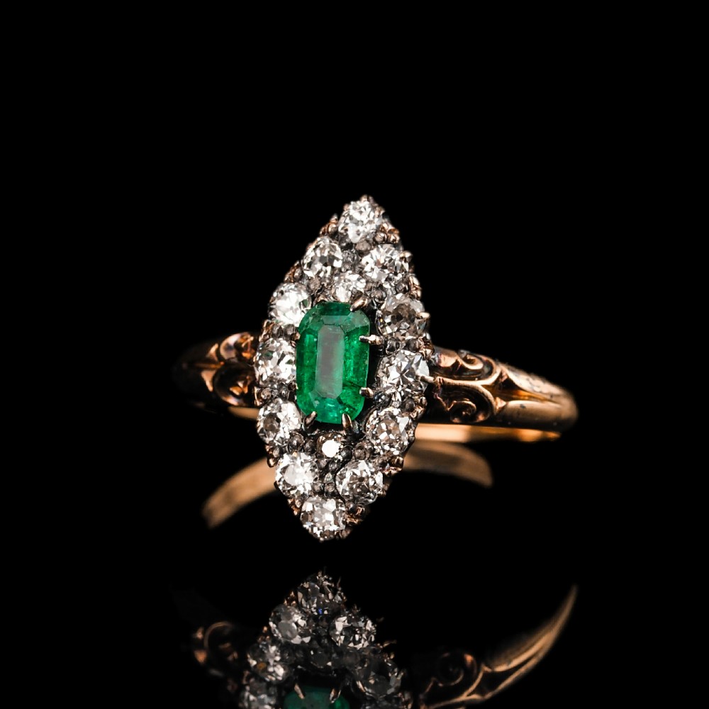 Antique Victorian 18K Gold Emerald & Diamond Navette Cluster Ring - c.1880 View XV