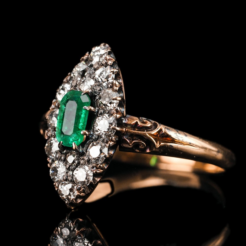 Antique Victorian 18K Gold Emerald & Diamond Navette Cluster Ring - c.1880 View XVIII