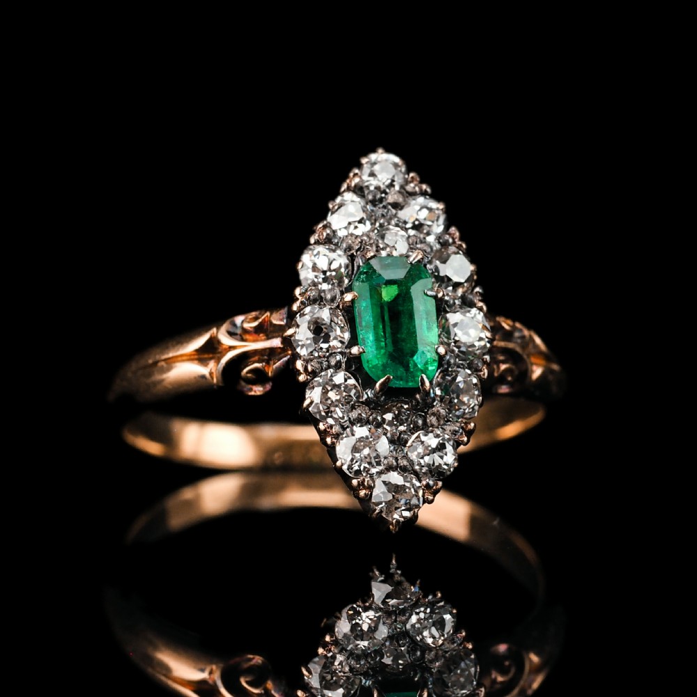 Antique Victorian 18K Gold Emerald & Diamond Navette Cluster Ring - c.1880 View XVII