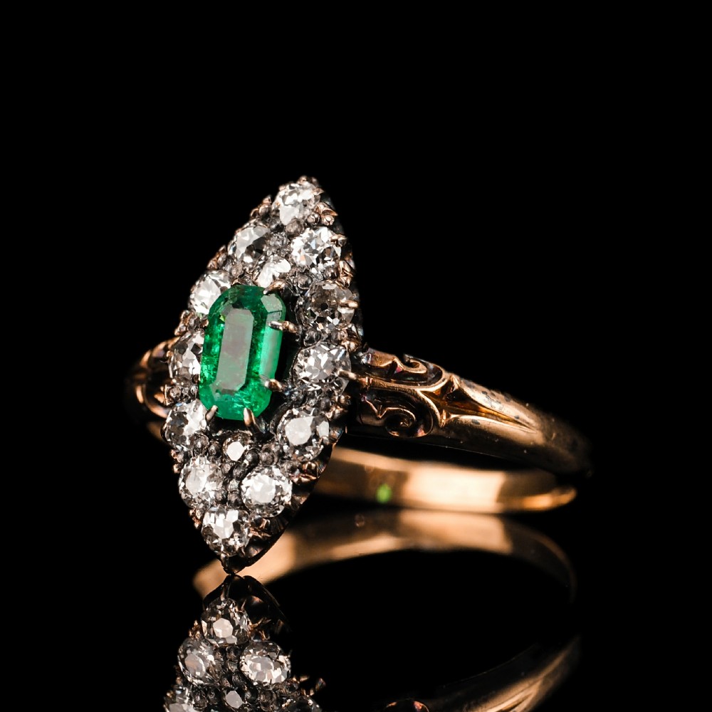 Antique Victorian 18K Gold Emerald & Diamond Navette Cluster Ring - c.1880