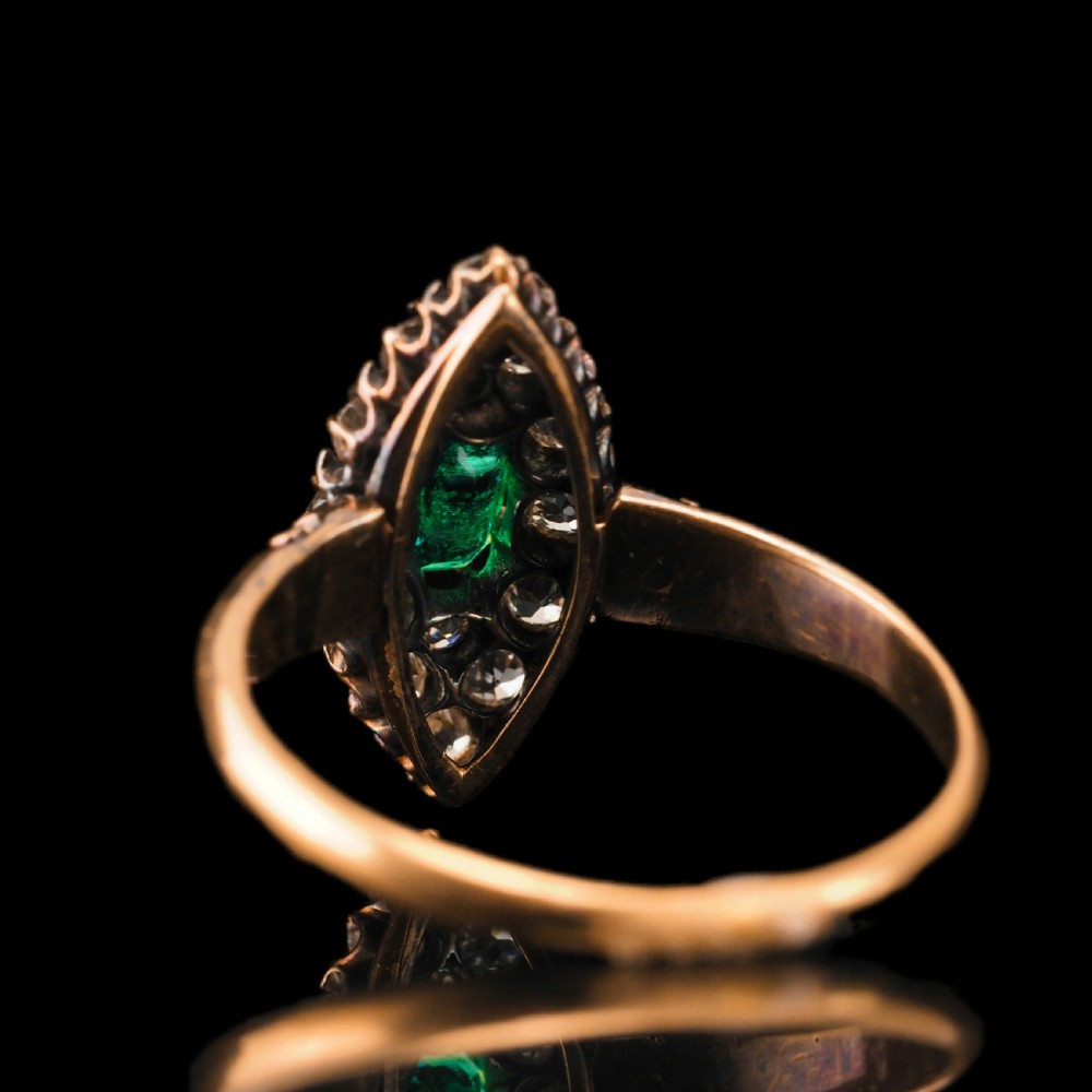 Antique Victorian 18K Gold Emerald & Diamond Navette Cluster Ring - c.1880 View XIX