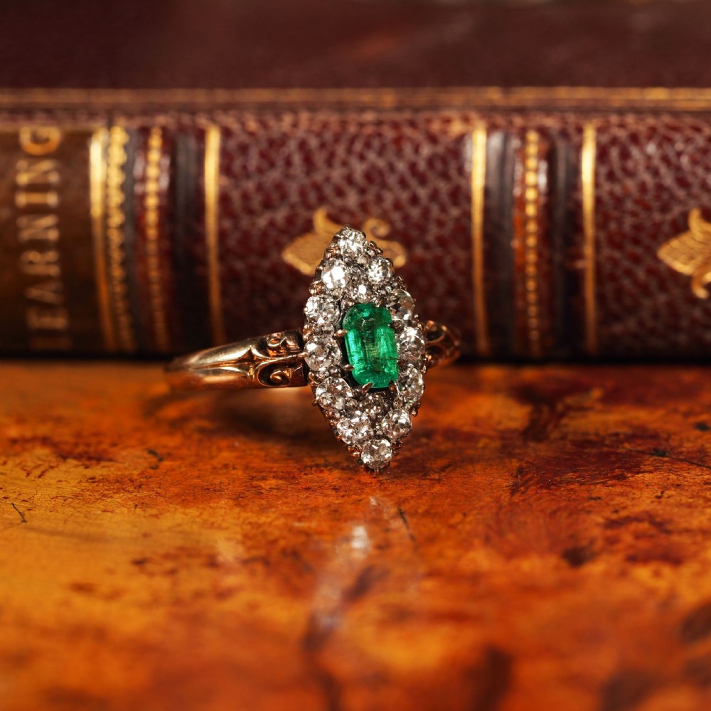 Antique Victorian 18K Gold Emerald & Diamond Navette Cluster Ring - c.1880 View XX