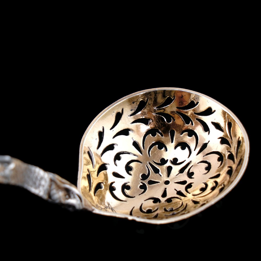 Rare Antique Victorian Solid Silver Sugar Sifter/Caster Spoon with Figural Terminal - 1854 View XI