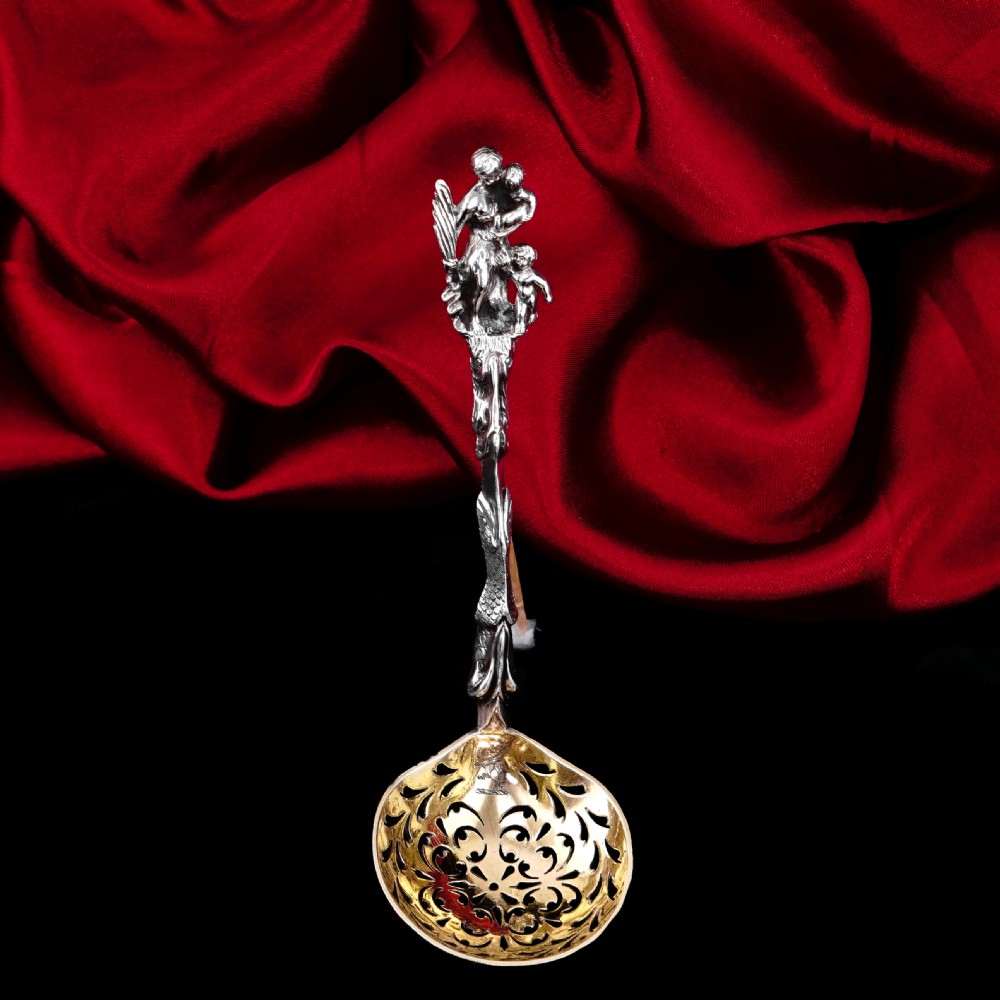 Rare Antique Victorian Solid Silver Sugar Sifter/Caster Spoon with Figural Terminal - 1854 View XIX