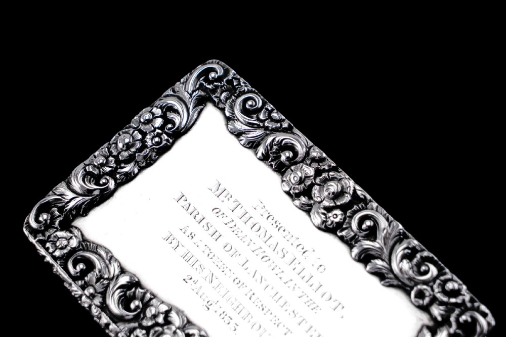 Antique Georgian Silver Table Snuff Box with Engine Turned & Floral Border Decorations - 1829 View III