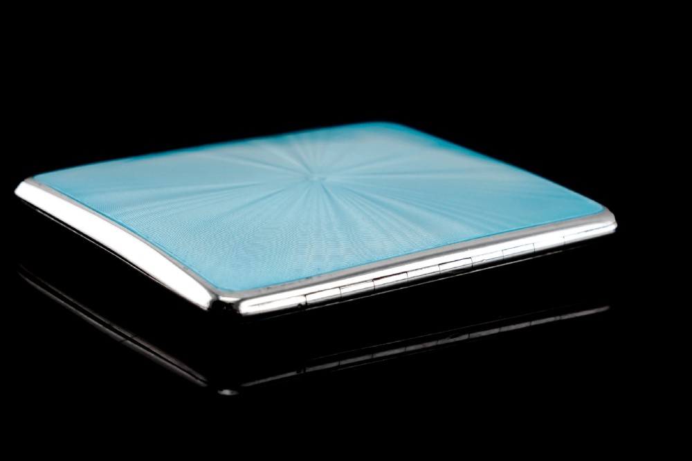 Antique Sterling Silver Guilloche Enamel Cigarette Case with Blue Sunburst Top - William Neale & Son Ltd 1913 View VII