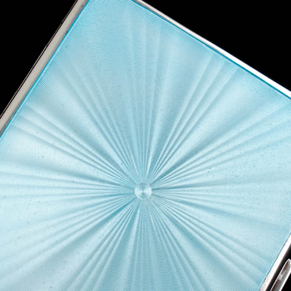 Antique Sterling Silver Guilloche Enamel Cigarette Case with Blue Sunburst Top - William Neale & Son Ltd 1913 View XII
