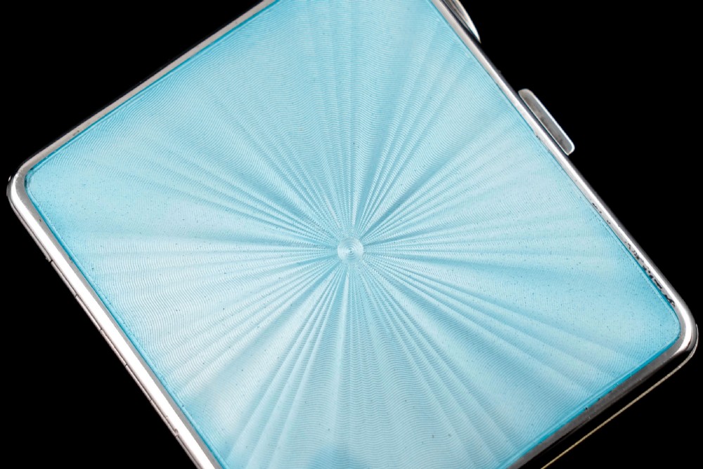 Antique Sterling Silver Guilloche Enamel Cigarette Case with Blue Sunburst Top - William Neale & Son Ltd 1913 View XIII