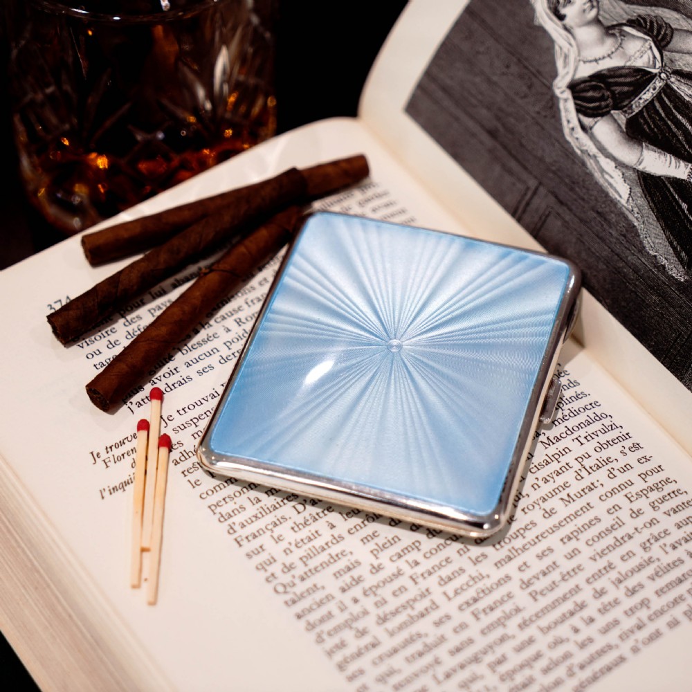 Antique Sterling Silver Guilloche Enamel Cigarette Case with Blue Sunburst Top - William Neale & Son Ltd 1913 View XXIV