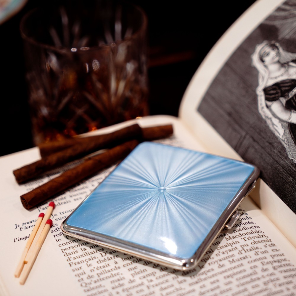 Antique Sterling Silver Guilloche Enamel Cigarette Case with Blue Sunburst Top - William Neale & Son Ltd 1913 View XXV