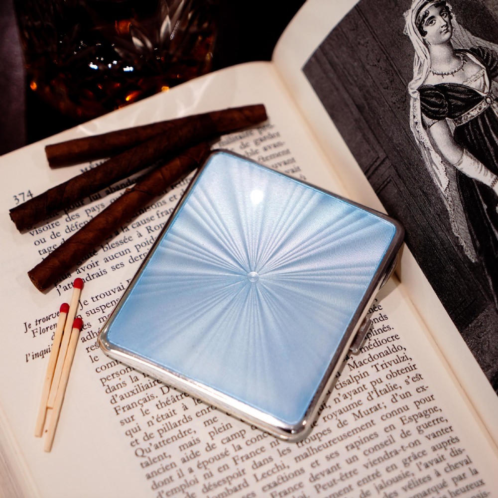 Antique Sterling Silver Guilloche Enamel Cigarette Case with Blue Sunburst Top - William Neale & Son Ltd 1913 View XXVI