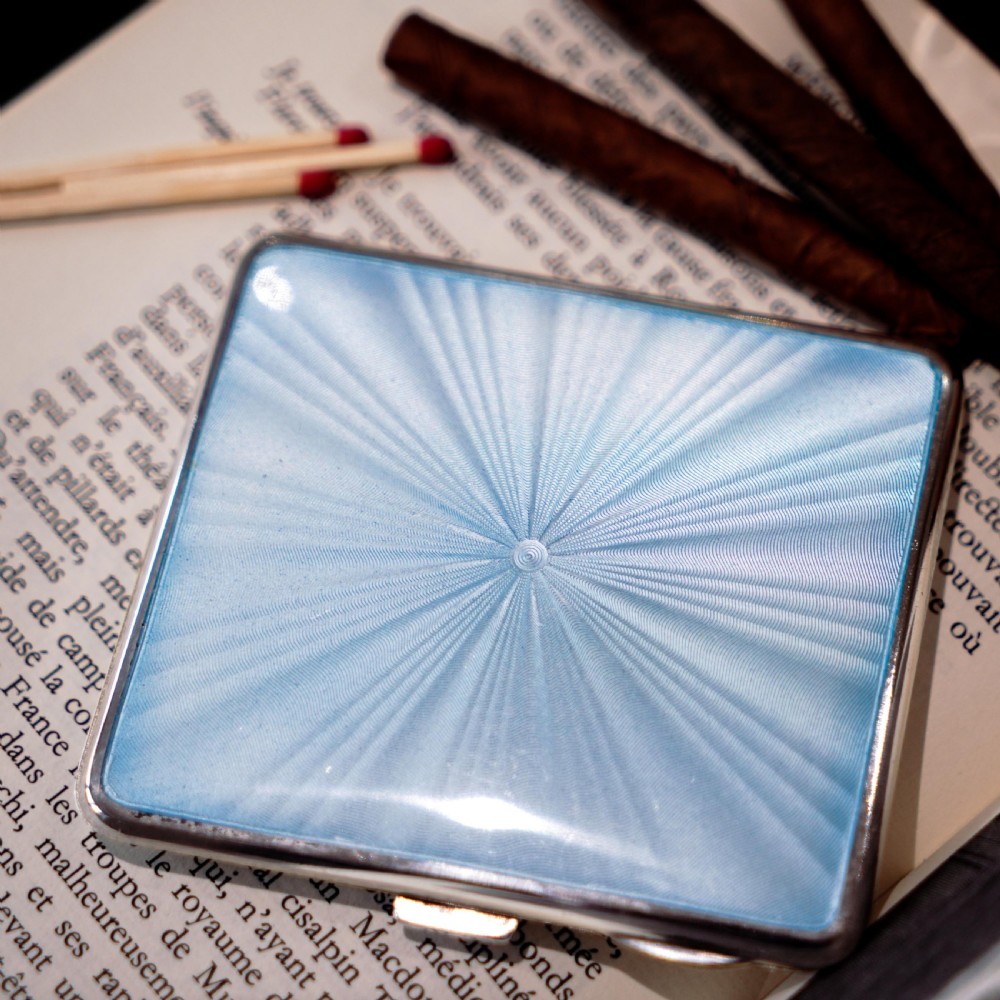 Antique Sterling Silver Guilloche Enamel Cigarette Case with Blue Sunburst Top - William Neale & Son Ltd 1913 View XXVII