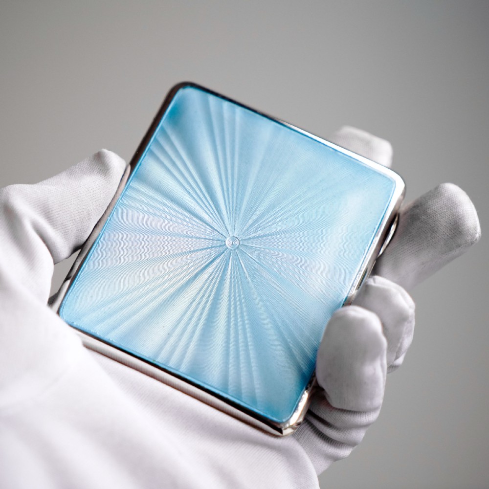 Antique Sterling Silver Guilloche Enamel Cigarette Case with Blue Sunburst Top - William Neale & Son Ltd 1913 View XXIX