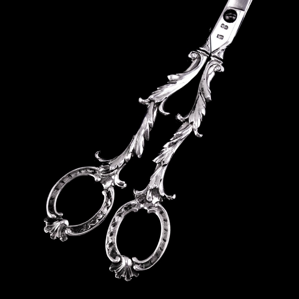 Antique Victorian Solid Silver Scissors/Grape Shears Cast Acanthus Design - Francis Higgins 1846 View II