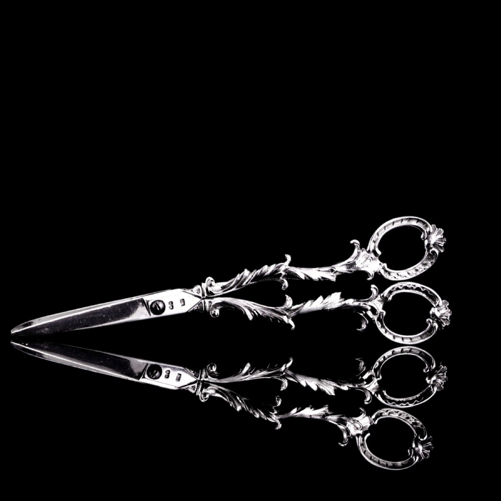 Antique Victorian Solid Silver Scissors/Grape Shears Cast Acanthus Design - Francis Higgins 1846 View V