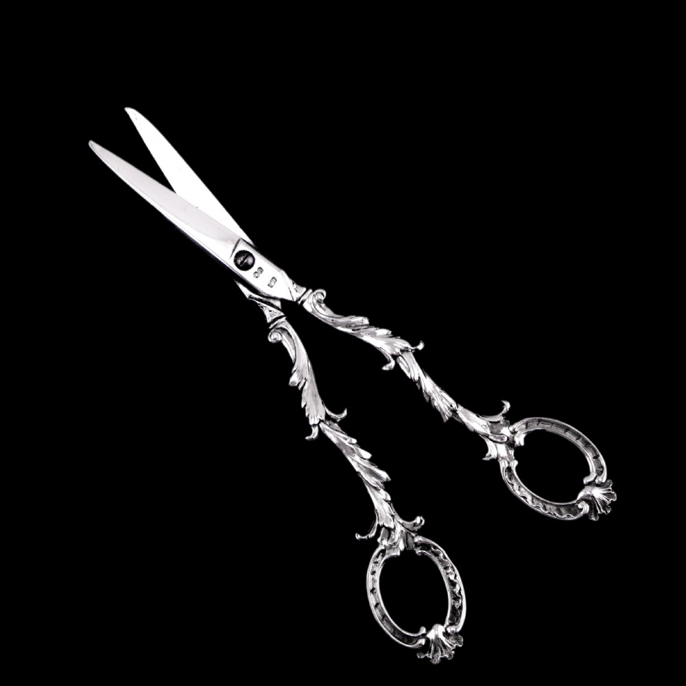 Antique Victorian Solid Silver Scissors/Grape Shears Cast Acanthus Design - Francis Higgins 1846 View VI