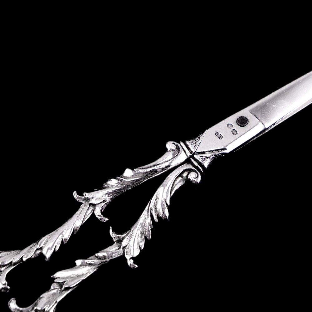 Antique Victorian Solid Silver Scissors/Grape Shears Cast Acanthus Design - Francis Higgins 1846 View VII