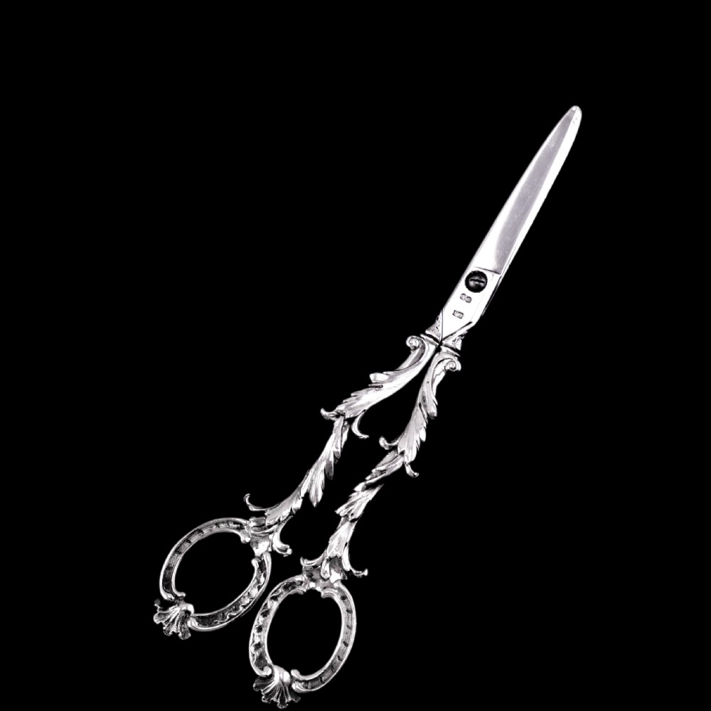 Antique Victorian Solid Silver Scissors/Grape Shears Cast Acanthus Design - Francis Higgins 1846 View XI