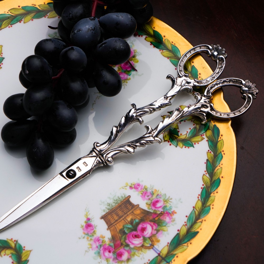 Antique Victorian Solid Silver Scissors/Grape Shears Cast Acanthus Design - Francis Higgins 1846 View XVI
