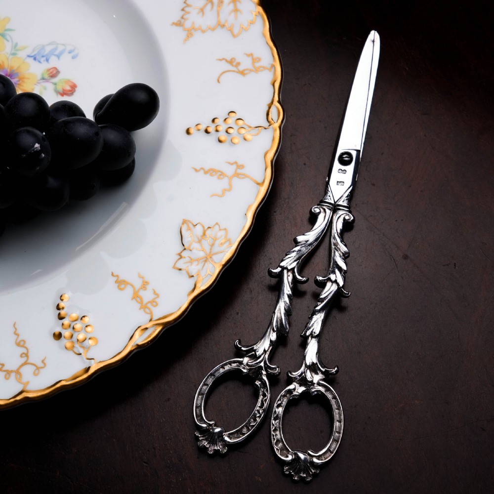 Antique Victorian Solid Silver Scissors/Grape Shears Cast Acanthus Design - Francis Higgins 1846 View XVII