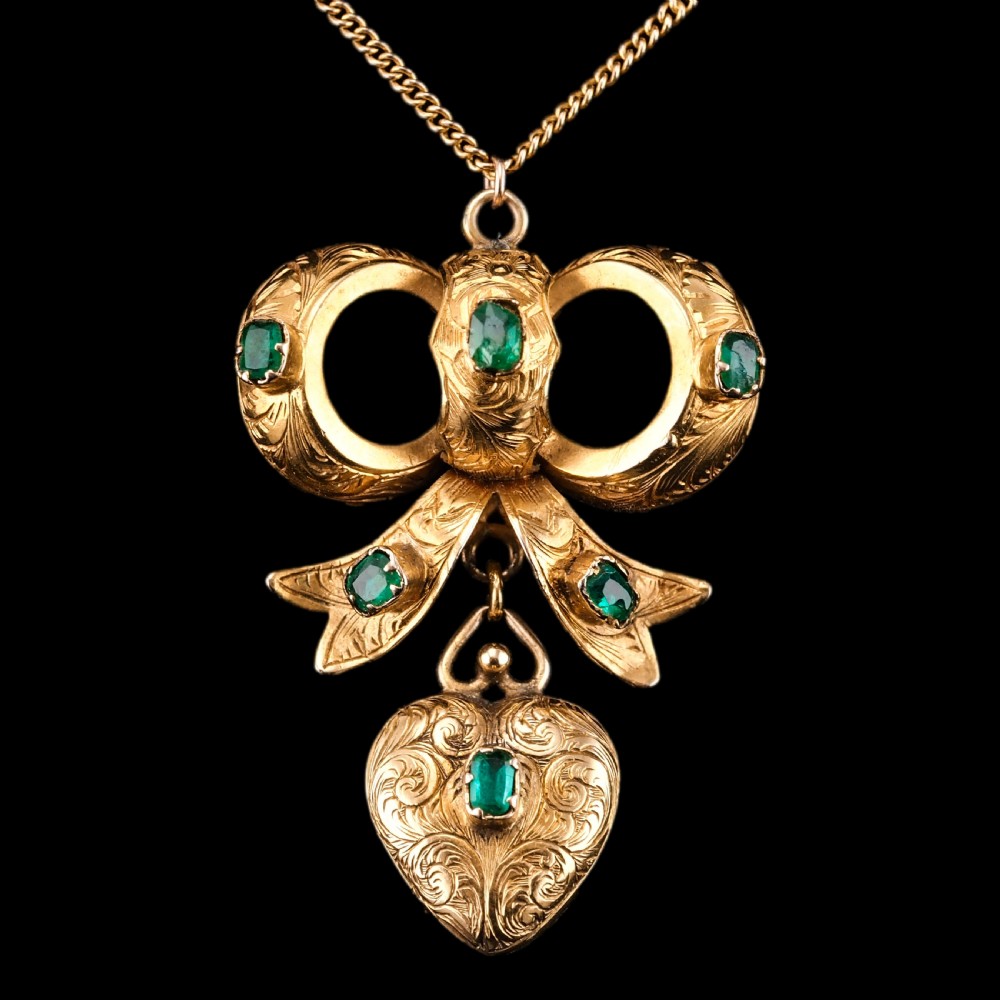 Antique Victorian Emerald 18ct Gold Bow Heart Pendant Necklace - c.1880
