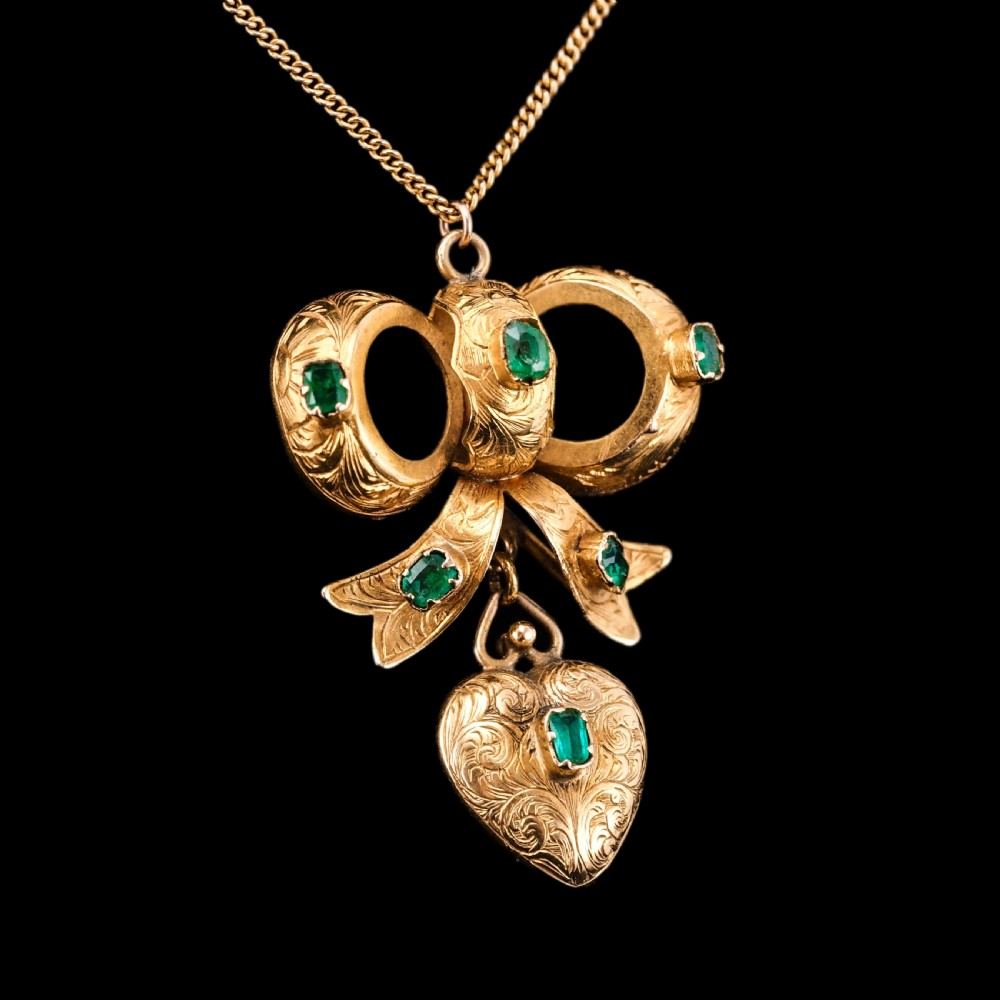 Antique Victorian Emerald 18ct Gold Bow Heart Pendant Necklace - c.1880 View II