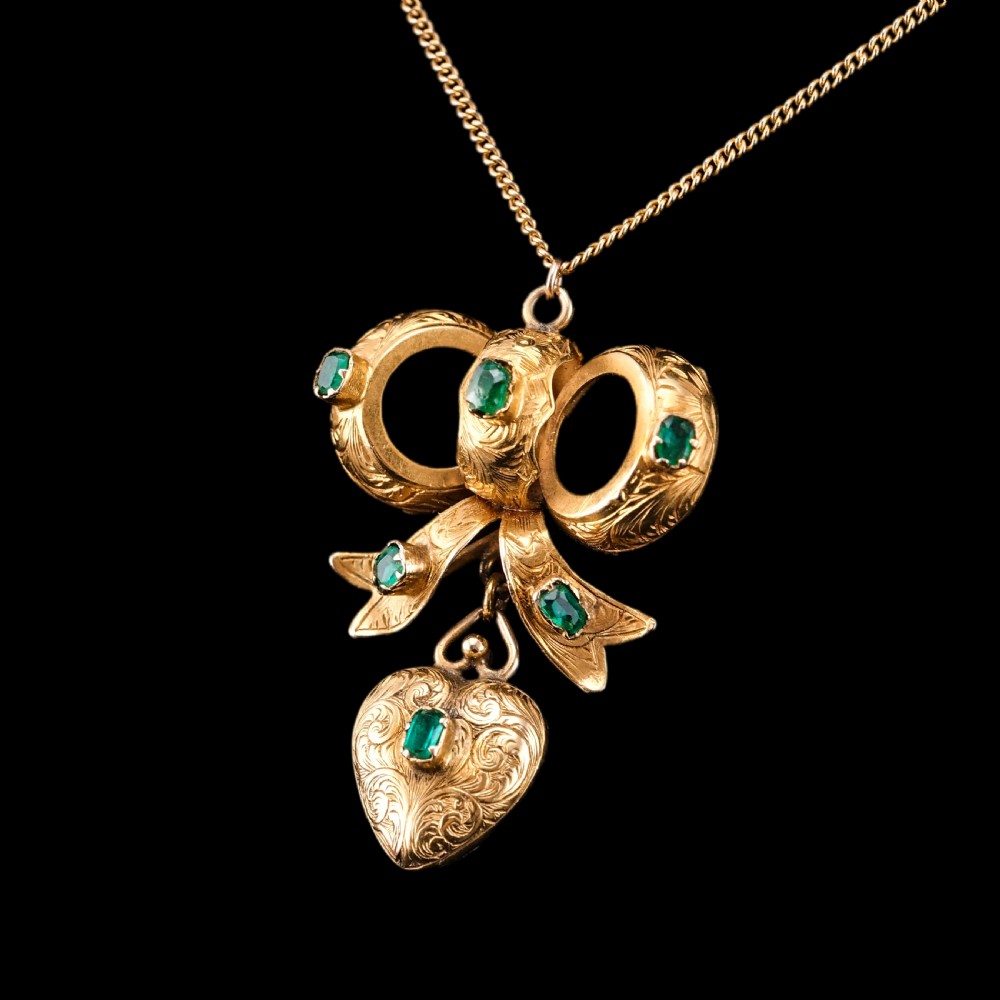 Antique Victorian Emerald 18ct Gold Bow Heart Pendant Necklace - c.1880 View III