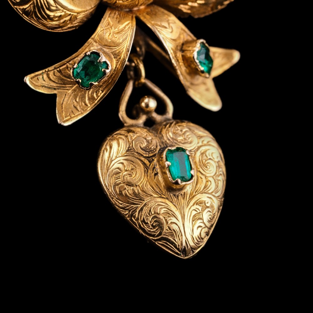 Antique Victorian Emerald 18ct Gold Bow Heart Pendant Necklace - c.1880 View IV
