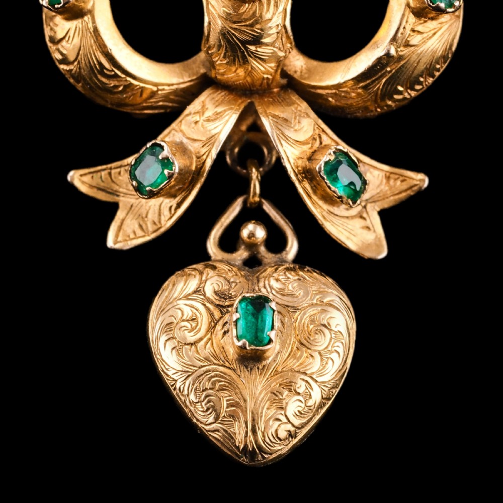 Antique Victorian Emerald 18ct Gold Bow Heart Pendant Necklace - c.1880 View X