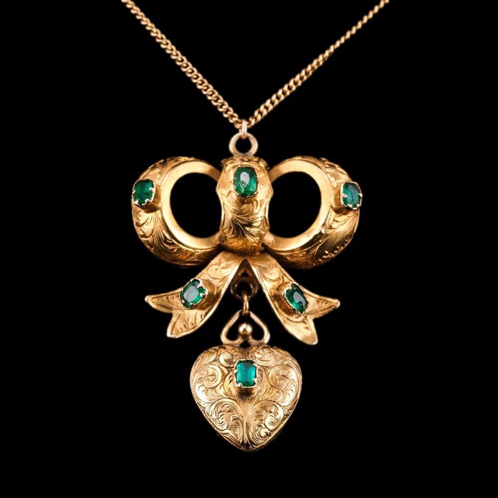 Antique Victorian Emerald 18ct Gold Bow Heart Pendant Necklace - c.1880 View XI