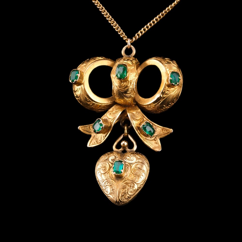 Antique Victorian Emerald 18ct Gold Bow Heart Pendant Necklace - c.1880 View XII