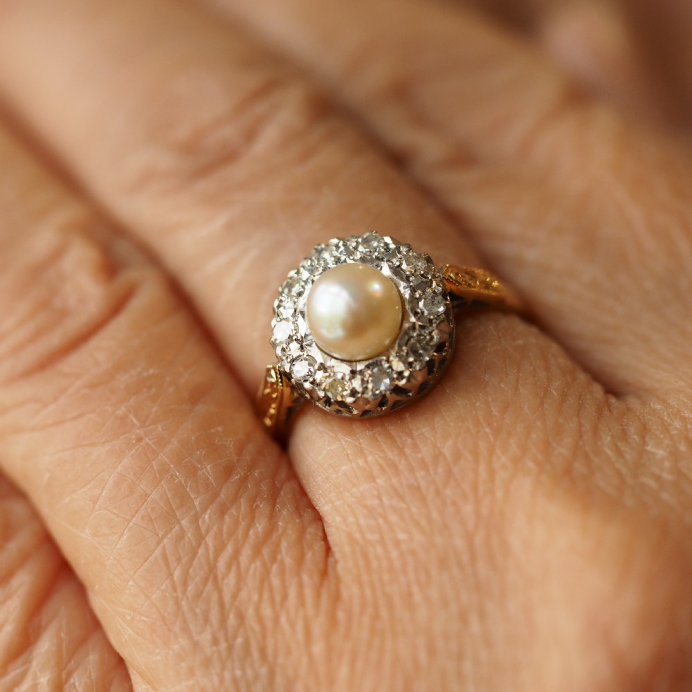 Antique Pearl & Diamond Cluster Ring 18ct Gold - c.1900s View IV