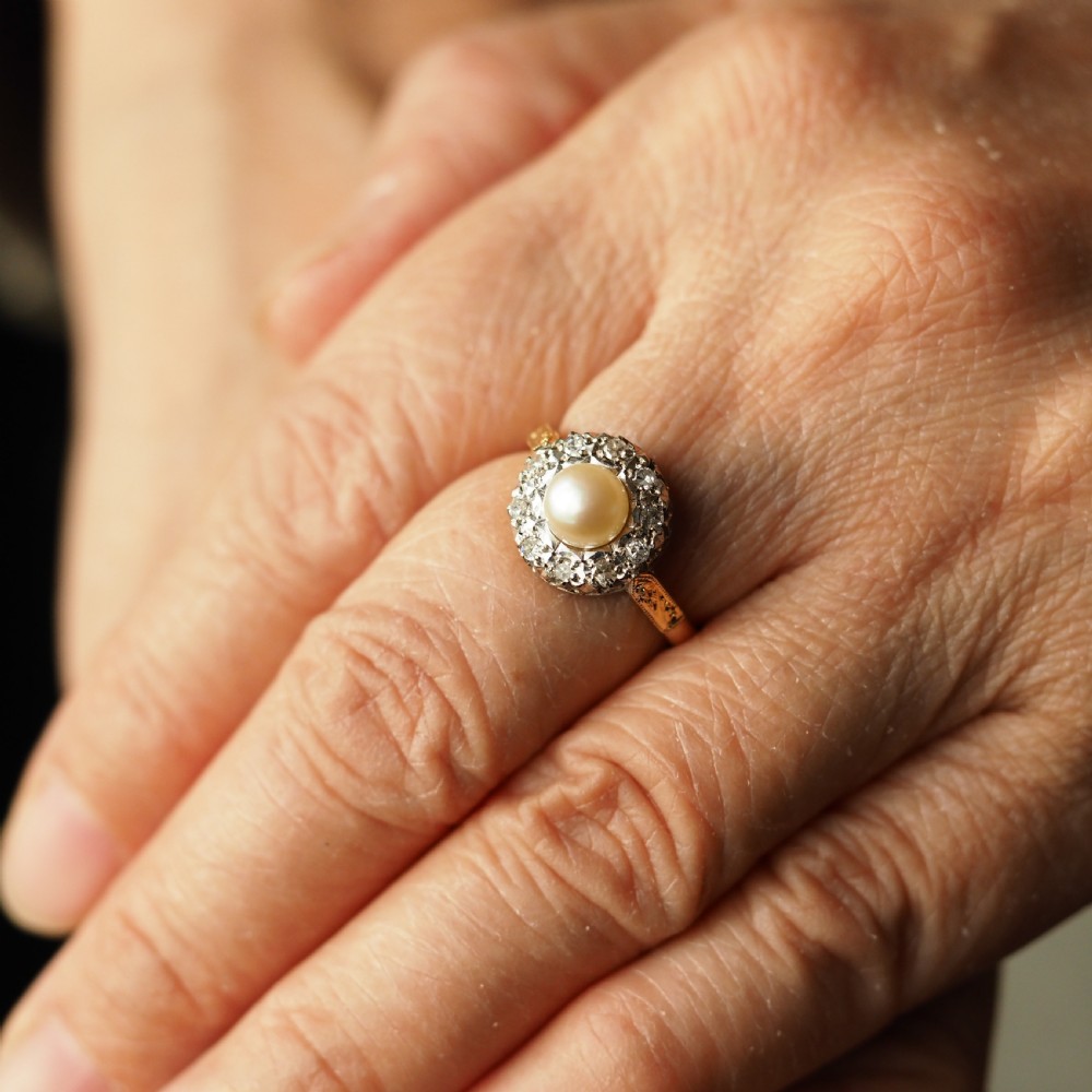 Antique Pearl & Diamond Cluster Ring 18ct Gold - c.1900s View VII